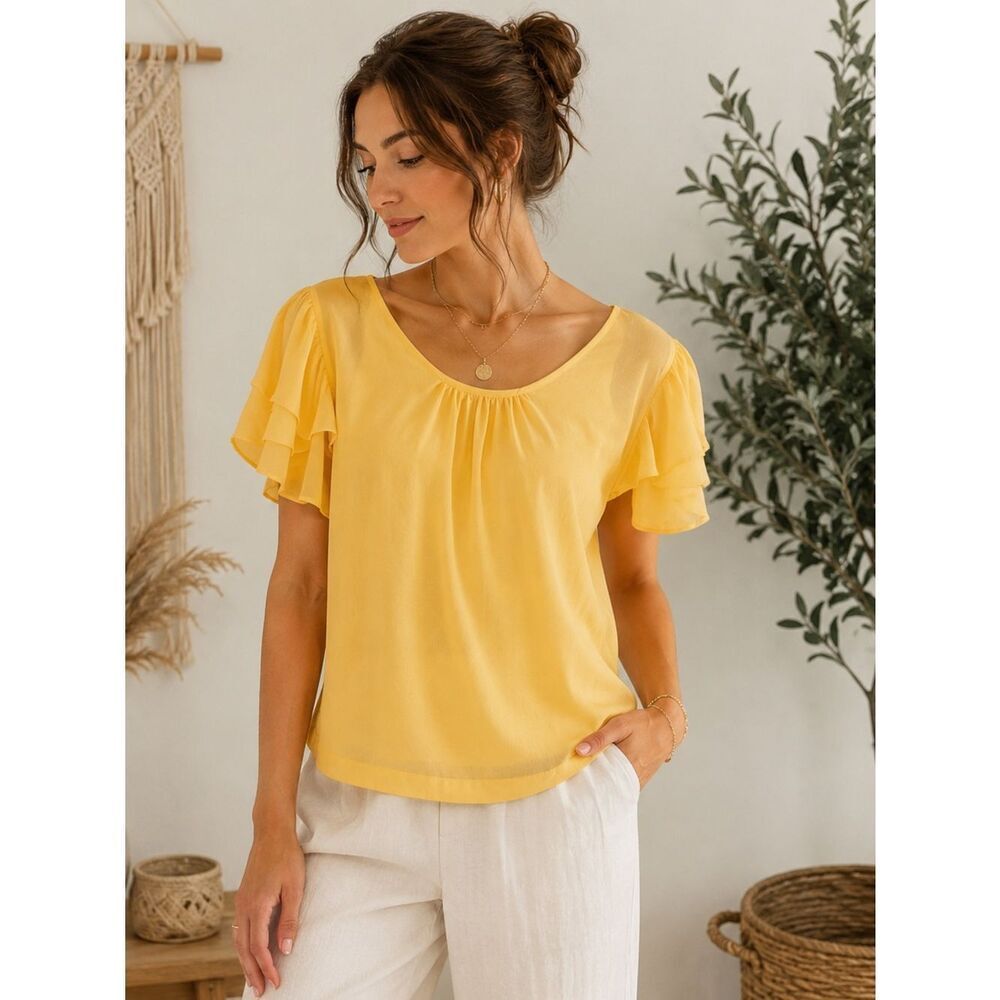 Walter Baker Gold Flutter Sleeve Blouse with Ruffled Details